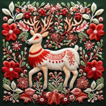 deer in the forest embroidered in relief , generated by AI
