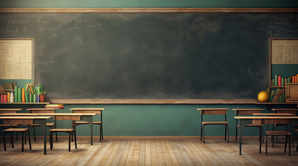Empty interior of a school class with desks and chairs, space for text on the blackboard. - obrazy, fototapety, plakaty