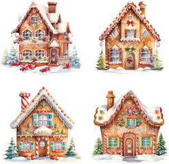 Watercolor gingerbread Christmas house vector illustration wallpaper background graphics painting art card poster print interior - generative AI