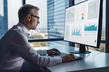 Business man trader big data analyst looking at computer monitor, stock broker analysing indexes, financial chart trading online on screen - obrazy, fototapety, plakaty