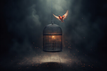 An open birdcage with a bird taking flight signifies the profound joy and liberation experienced through newfound freedom - obrazy, fototapety, plakaty