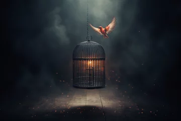Deurstickers An open birdcage with a bird taking flight signifies the profound joy and liberation experienced through newfound freedom © Davivd
