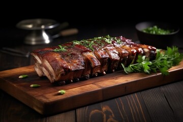 glazed pork ribs served on a dark, modern slab