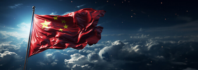 Flag of china and the earth. world domination. China with embedded flag on planet. 3D illustration with highly detailed realistic planet. The globe and China taking over the world concept Copy space - obrazy, fototapety, plakaty