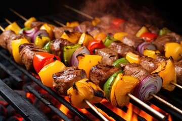 juicy kebabs highlighted by gentle grill light
