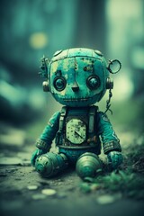 A dirty abandoned toy plush doll, apocalyptic style theme. Vintage and whimsical style dark photo, pale washed out style. Generative Ai.