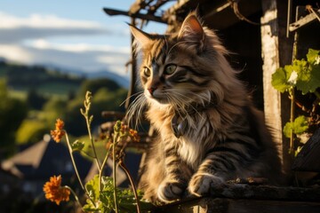 Obraz premium Cat house set against the backdrop of the British countryside, Generative AI