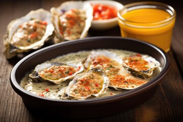 grilled oysters, garlic sauce in a dip bowl, crushed pepper