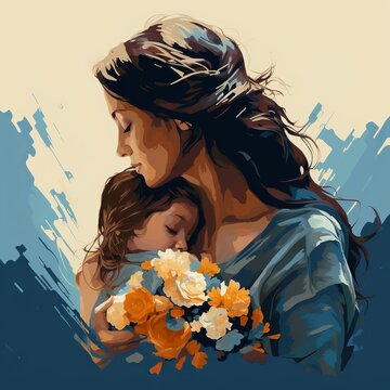 illustration of vector art mother and child art minimal super detail, Generative ai