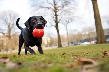 a black labrador retriever playing with a red ball in a park