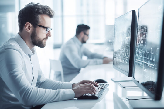 Man at computer, software developer working on coding script or cyber security in bright modern office
