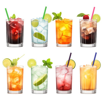 lcohol Cocktail Mocktail. Many assorted different range types isolated on transparent background cutout. PNG file.
