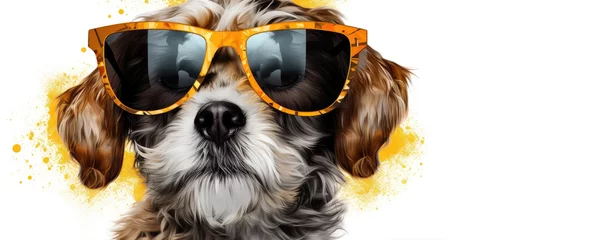 Poster Cool dog head with sunnglases on white background. happy color wide photo. © Michal