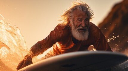 mature man surfing, catching a wave on a surfboard