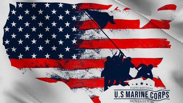    Animation of Happy Birthday Marine Corps   with waving flag background.  