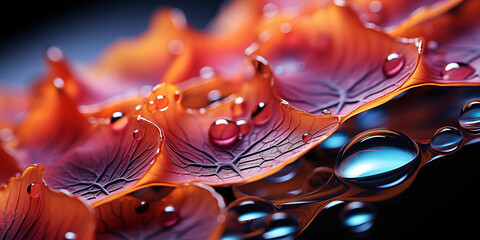 Schöne bunte Blätter in abstrakter futuristischer Kunst mit Wassertropfen als Hintergrund für Webdesign und Drucksachen als Vorlage in Querformat für Banner, ai generativ