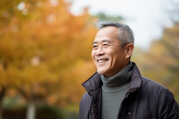 Portrait of a senior Japanese man smiling in a park in autumn - obrazy, fototapety, plakaty