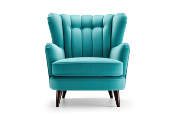 Classic armchair art deco style in turquoise velvet with wood legs isolated on white background.