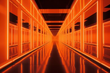 endless neon orange corridor futuristic interior tunnel 3d render 