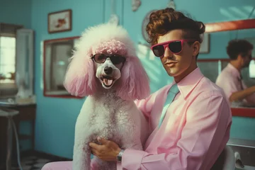 Rolgordijnen vintage retro poster of grooming salon with guy in pink suit and pastel pink poodle dog © Dina
