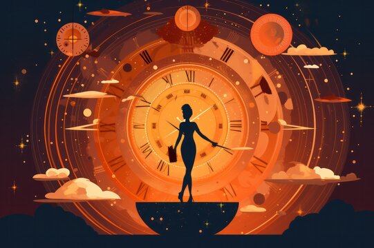 woman and mercury retrograde flat vector illustration. Time concept.