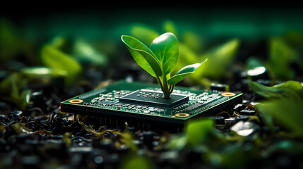 Green Tech: Plant on Circuit Board - obrazy, fototapety, plakaty
