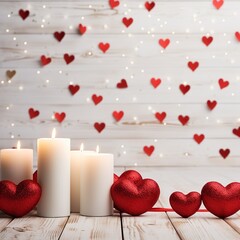 illustration of Wooden white background with red hearts gifts, Generative ai