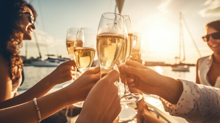 Group of friends having fun together and drinking champagne while sailing in the sea on luxury yacht, Traveling and yachting concept. - obrazy, fototapety, plakaty