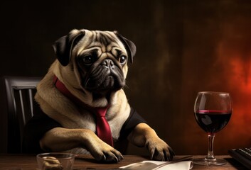 Pug dog with a glass of red burgundy wine. Pets as humans. Stress at work, relax at home. Funny meme poster.