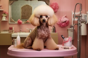 pink poodle dog portrait in grooming salon creative vintage retro poster
