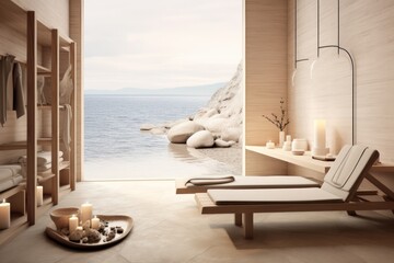 eco minimal Scandinavian spa hotel interior by the beach with panoramic windows and ocean or sea views