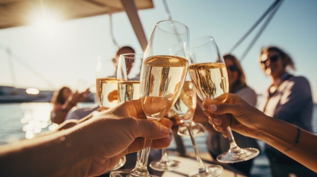 Group of friends having fun together and drinking champagne while sailing in the sea on luxury yacht, Traveling and yachting concept.