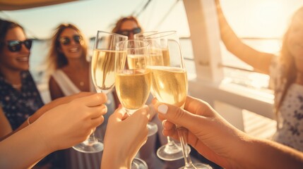 Group of friends having fun together and drinking champagne while sailing in the sea on luxury yacht, Traveling and yachting concept.