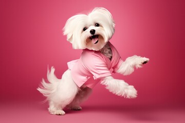 cute white maltese dog dancing in pastel t-shirt on pink background studio horizontal portrait