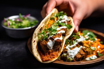 hand taking a bite of a spicy lamb korma taco