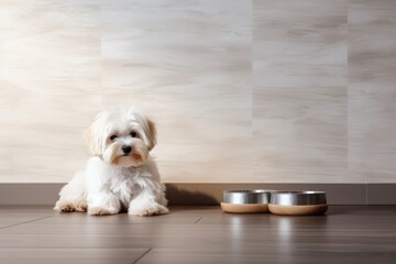 cute white maltese puppy in modern minimal kitchen near metallic bowls on the floor. Dog food ad poster.