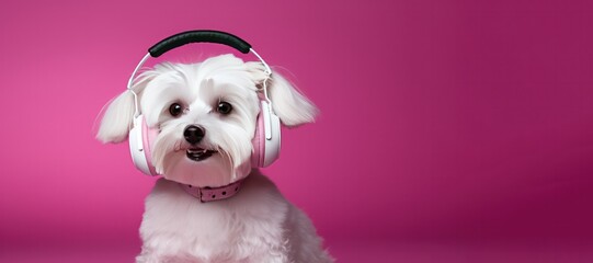cute white maltese dog in headphones on pink background with copy space right