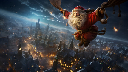 Santa Claus Over Snowy Village Night - obrazy, fototapety, plakaty