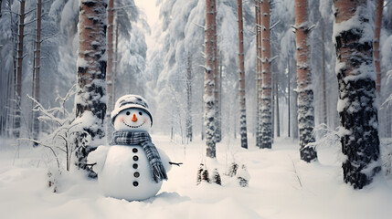 Winter Forest Background with Snowman