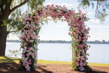 a floral archway set up for an outdoor wedding ceremony