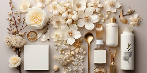 Wunderschöne Dekoration Farben in weiß mit gold im edlen Stil im Querformat, ai generativ
