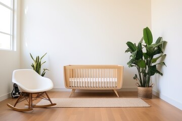 a babys rocking crib in a minimalist workspace