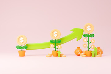 Finance and investment concept 3d illustration. Growth money trees with stacks of coin and money bag.