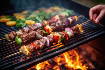 Naklejka premium human hand grilling a bunch of mediterranean kebabs