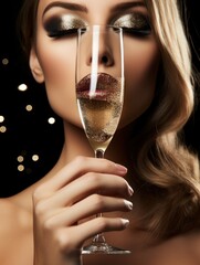 glamour portrait of a beautiful girl with a glass of tasty champagne at new year's party closeup