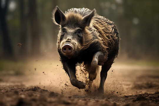wild hog running in nature with motion blurred background, hog, animal, wildlife, forrest animal