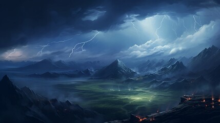 A breathtaking view of a thunderstorm from a mountaintop, with lightning illuminating the vast expanse of rugged terrain below.