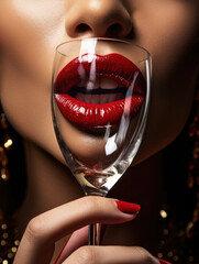 glamour portrait of a beautiful girl with a glass of tasty champagne at new year's party closeup