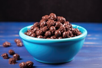 Obraz premium raisins coated in chocolate in blue bowl