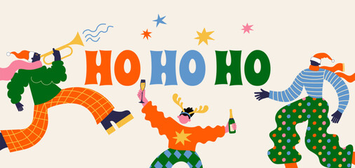 Fun Merry Christmas and Happy New Year banner, Christmas background and card with groovy, hippie bizarre disproportionate characters, wearing Santa hat, dancing, jumping and drinking champagne